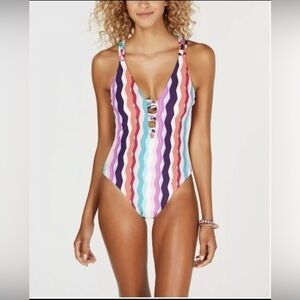 Swimsuit 1 Piece Ladies Bar III Small White Multi Color Printed Waves NWT